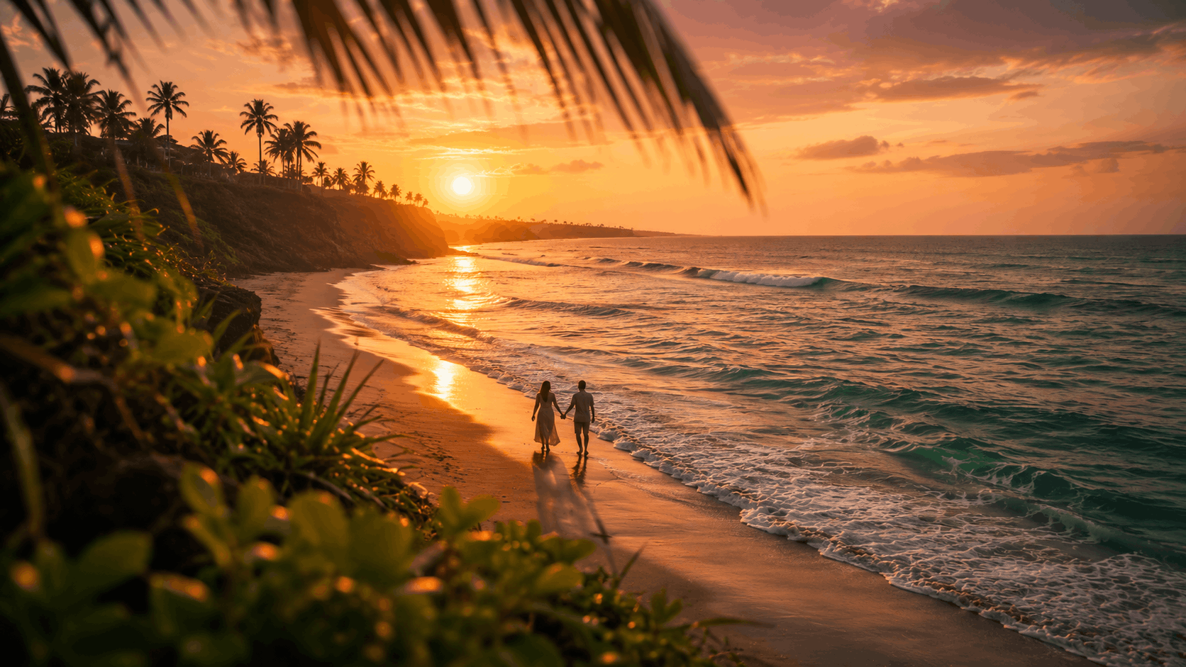 Couple walking on a Kerala beach at sunset